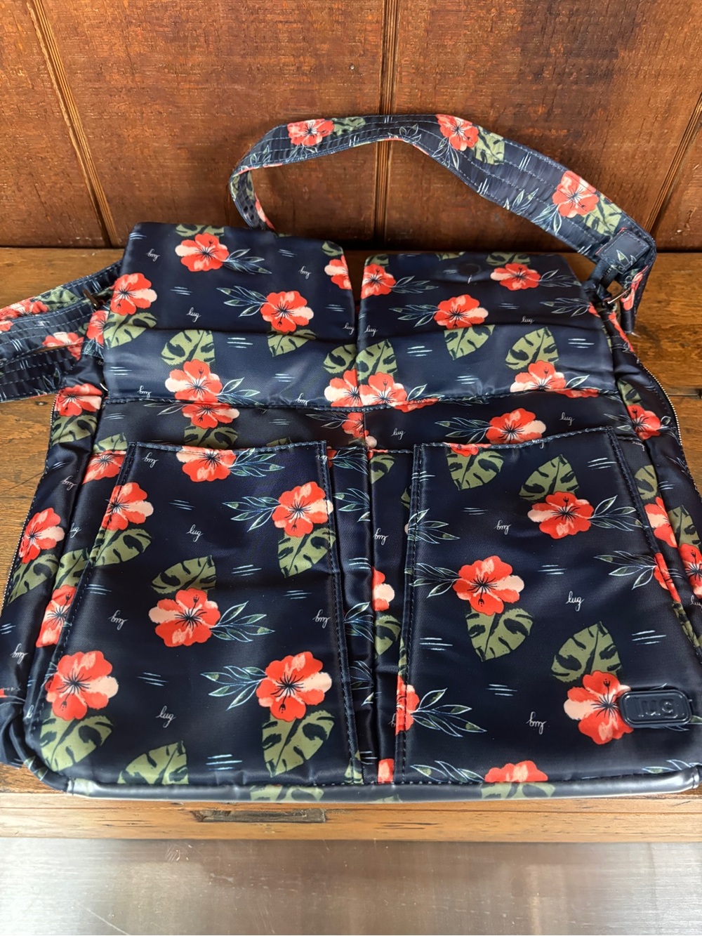 Lug Happy Camper Navy Blue Aloha Red Floral Crossbody Bag